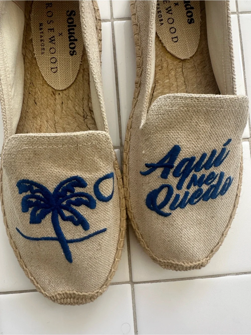 Soludos Natural Canvas Kids Moccasins with Blue Embroidery